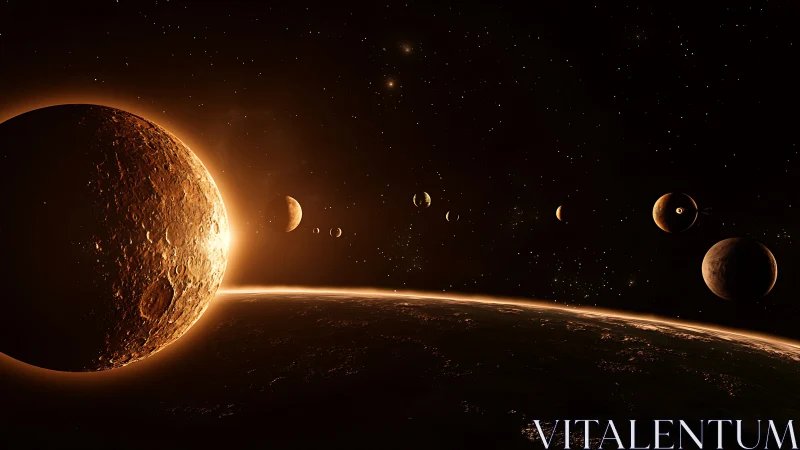 Planetary alignment in radiant orange deep-space illumination.