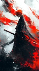 Solitary swordsman silhouette amid abstract red strokes.