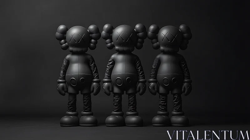 Matte black vinyl art toy trio under soft directional lighting