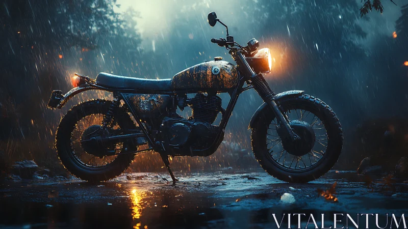 Motorcycle on wet road under rainfall at night period.
