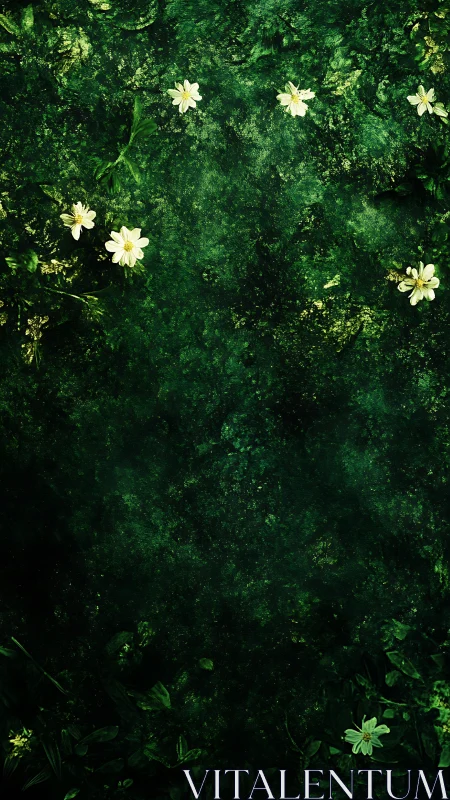White flowers lie scattered on dense dark green foliage