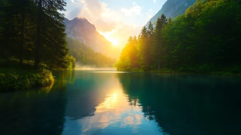 Sunrise drapes a mountain lake in emerald hush and gold.