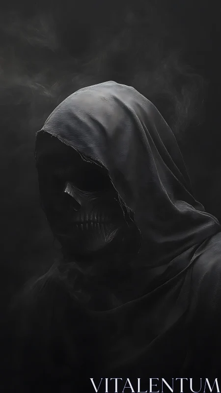 Hooded skeletal wraith emerges from shadowed swirling smoke