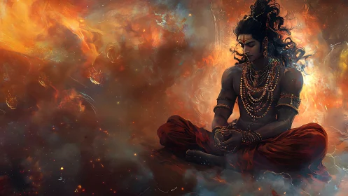 Meditating fire-clad deity amid swirling cosmic embers.
