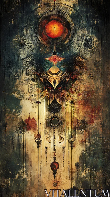 Abstract cosmic mandala with vertical symmetrical totems.