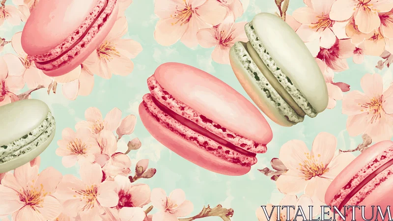 Pastel macarons float among stylized cherry blossoms softly