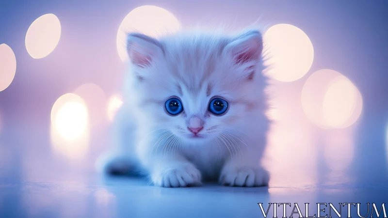 Blue-eyed white kitten in magical purple light.