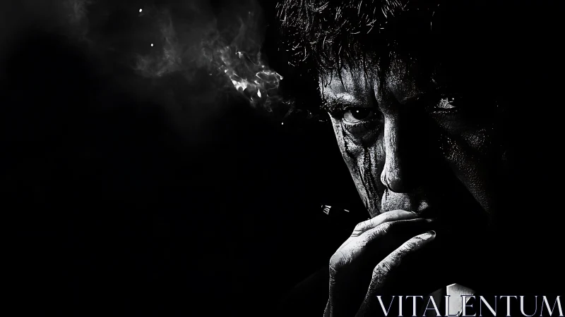 Brooding man in smoke-filled darkness stares with fierce focus