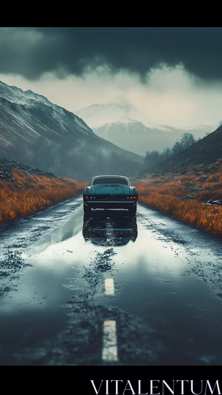 Solitary vintage car chasing storms along a mirror-wet road.