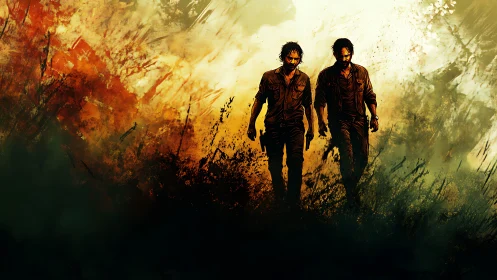 Dual armed figures advance through abstract, high-contrast wasteland