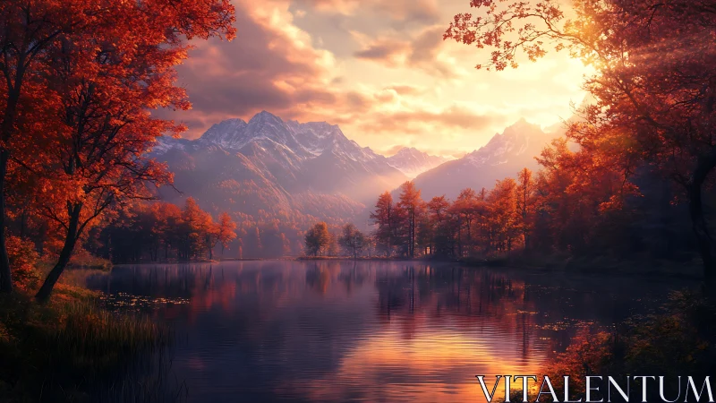 Mountain lake with autumn forest under low evening sun.