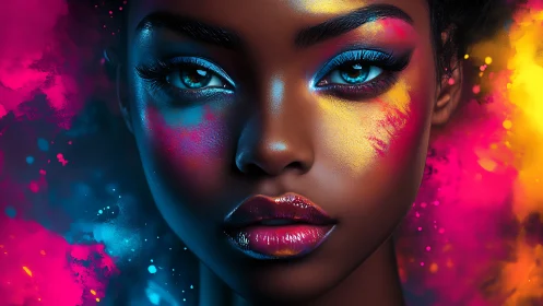 Digital portrait of woman with neon makeup and color splash.