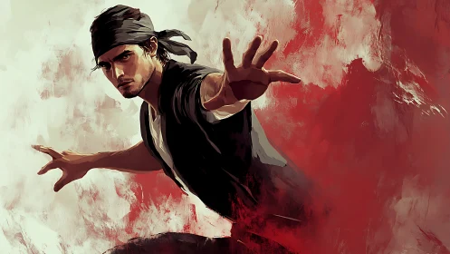 Dynamic martial artist reaches forward in bold red motion