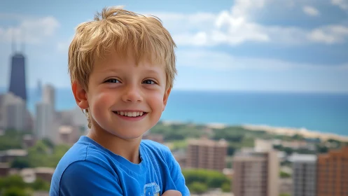 Blonde-Haired Boy Portrait with Coastal Urban Panorama Backdrop