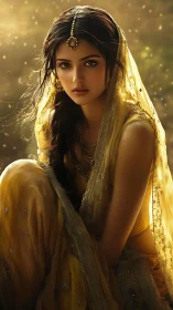 Golden glow around a serene woman in traditional attire.