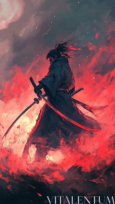 Lone samurai strides through crimson firestorm with drawn blades