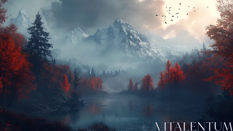 Crimson forest valley under misted alpine peaks at dawn.