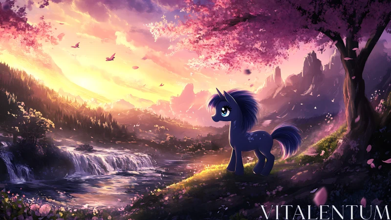 Starlit pony gazes across a glowing waterfall valley at dusk