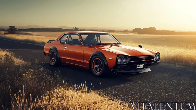 Retro-mod orange coupe rendered in cinematic sunset lighting