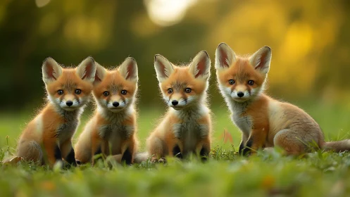 Four alert fox cubs in soft golden meadow light at dusk.