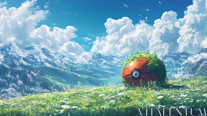 Overgrown pokeball dreaming beneath towering painted skies.