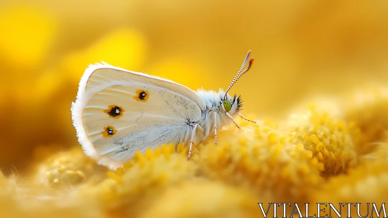 Macro study of white butterfly resting on dense yellow floral field