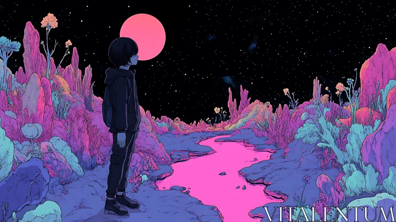 Chromatic alien canyonscape with solitary observer under neon moon.