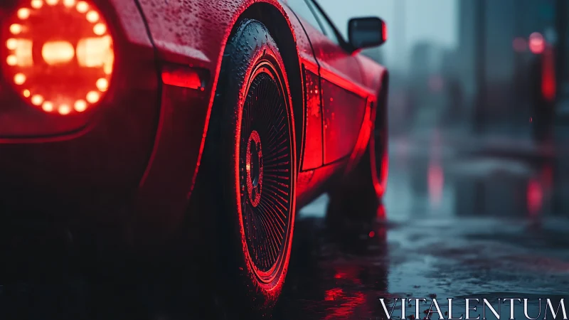 Retro sports car rear wheel in wet neon city street scene.