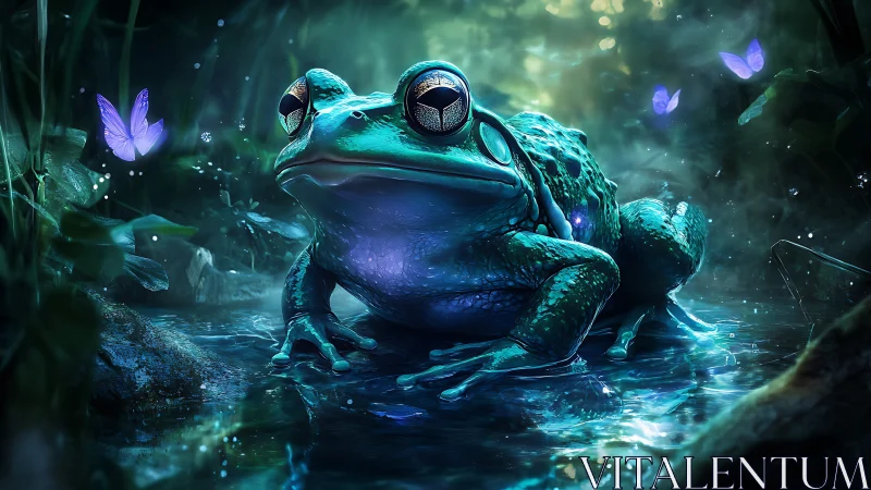 Glowing blue frog in fantasy forest pond with butterflies.
