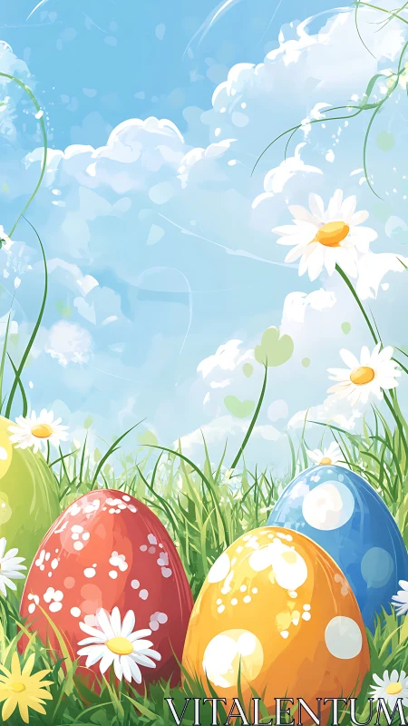 Colorful Easter eggs resting in grass under spring sky.