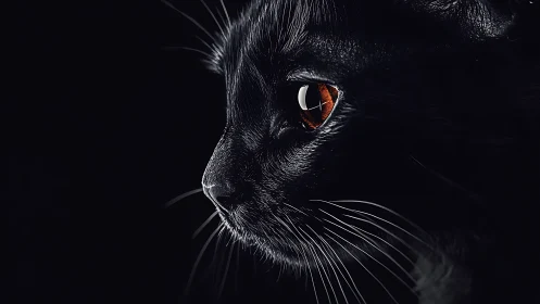 Black Cat with Amber Eyes Against Dark Background.
