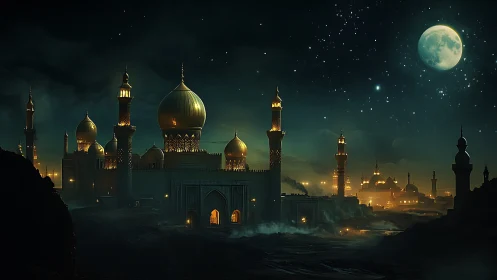 Luminous domed citadel under a moonlit, star-dense night sky