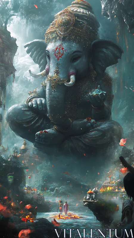 Colossal levitating elephant deity dominates mist-laden canyon