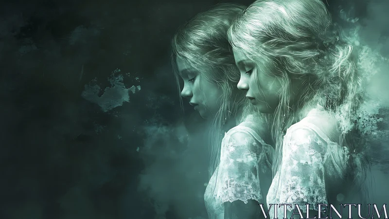 Dual side profile of young girl in soft green tones.