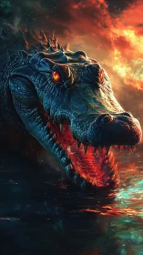 Infernal crocodile emerges from burning abyssal water.