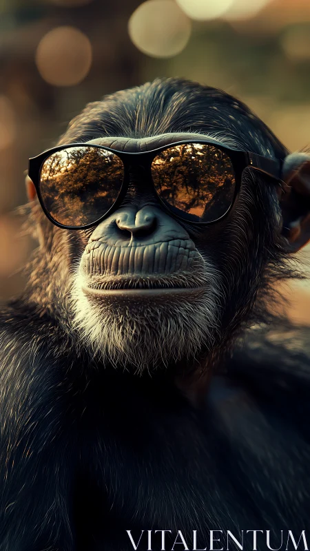 Cool chimpanzee portrait with reflective sunglasses detail.