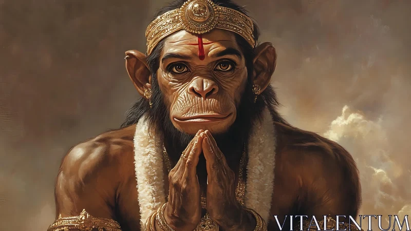 Simian figure in ornate regalia with joined hands pose.