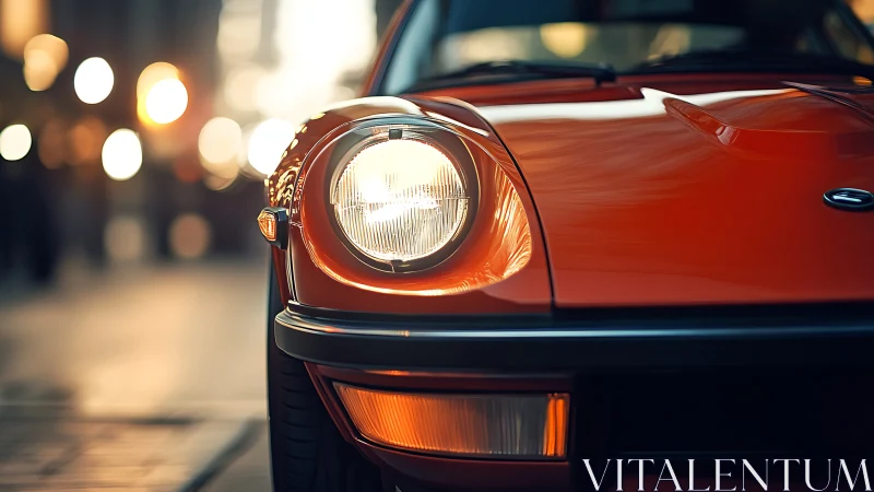 Crimson classic coupe winks under golden evening citylights.