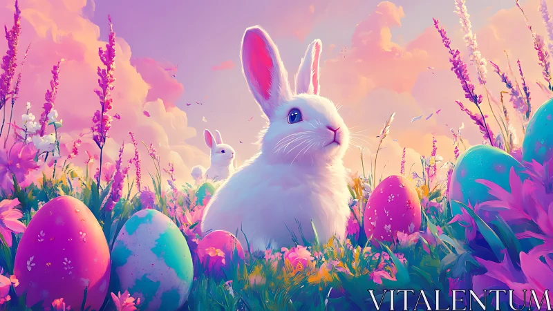White rabbit among decorated eggs in stylized spring meadow.