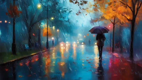 Figure walks with umbrella on rainy, illuminated city street