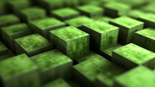 Voxel-style green cube landscape with shallow focus depth.