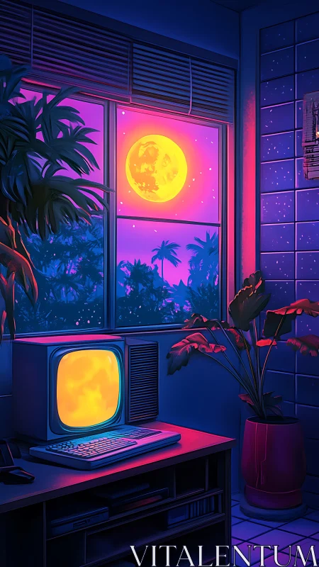 Retro CRT workstation under neon lunar tropic window glow