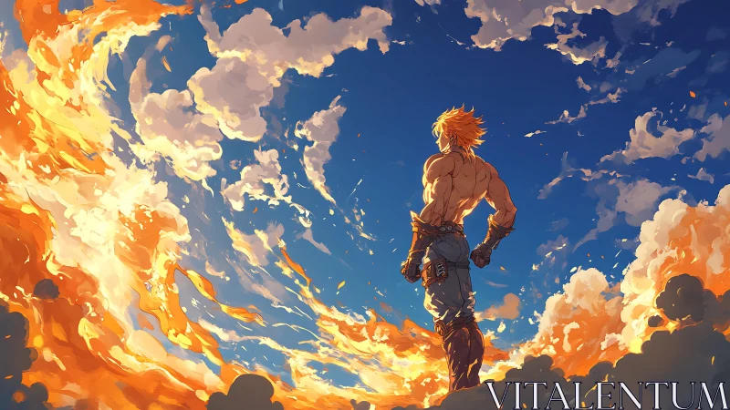 Skyforged warrior standing where firestorms kiss clouds.