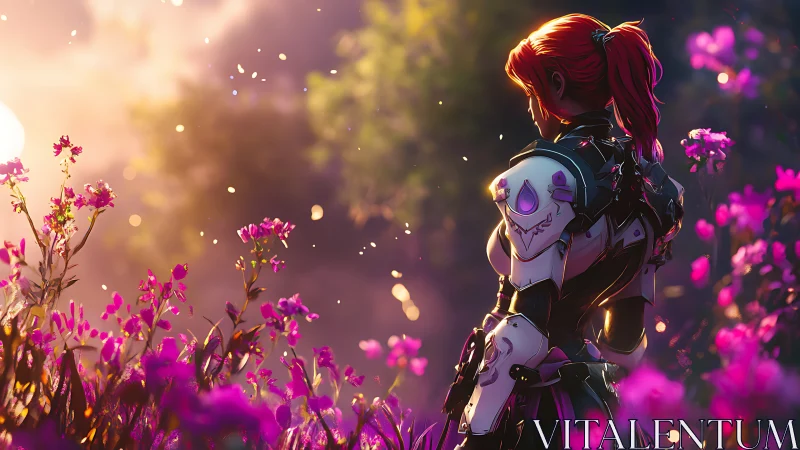 Figure with Skull Backpack in Magenta Floral Field.