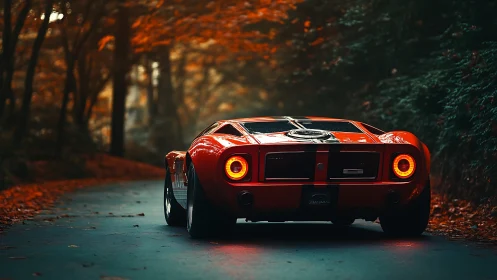 Crimson supercar glows through autumn forest twilight road.
