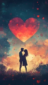 Luminescent Heart Silhouette: Romantic Couple Beneath Glowing Symbol.
