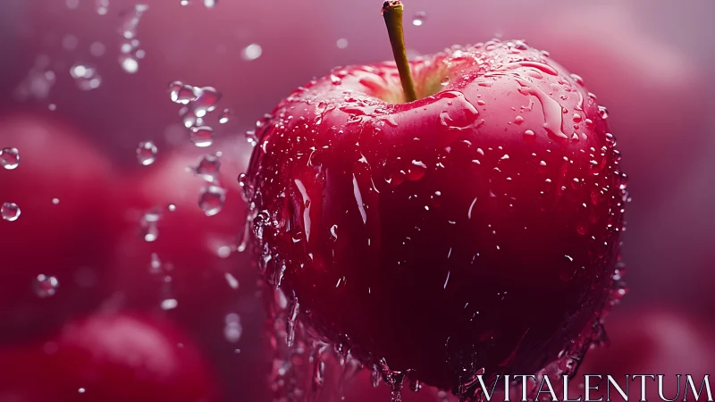 Photorealistic wet red apple in dynamic splash lighting.