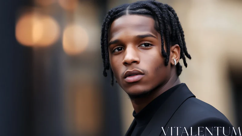 Quiet city confidence in a softly lit street portrait.