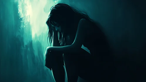 Solitary seated figure in low teal light, side profile view.