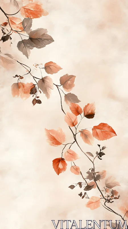 Vertical branch with orange-toned leaves crosses soft beige background
